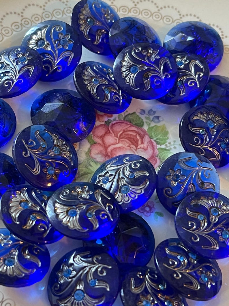 Luminous Blue Cabochon, Vintage Cobalt Glass Jewels, 22mm, Sterling inlay, Rhinestone Floral Glass, Pointed Back, Inlay Flower, Etched image 5