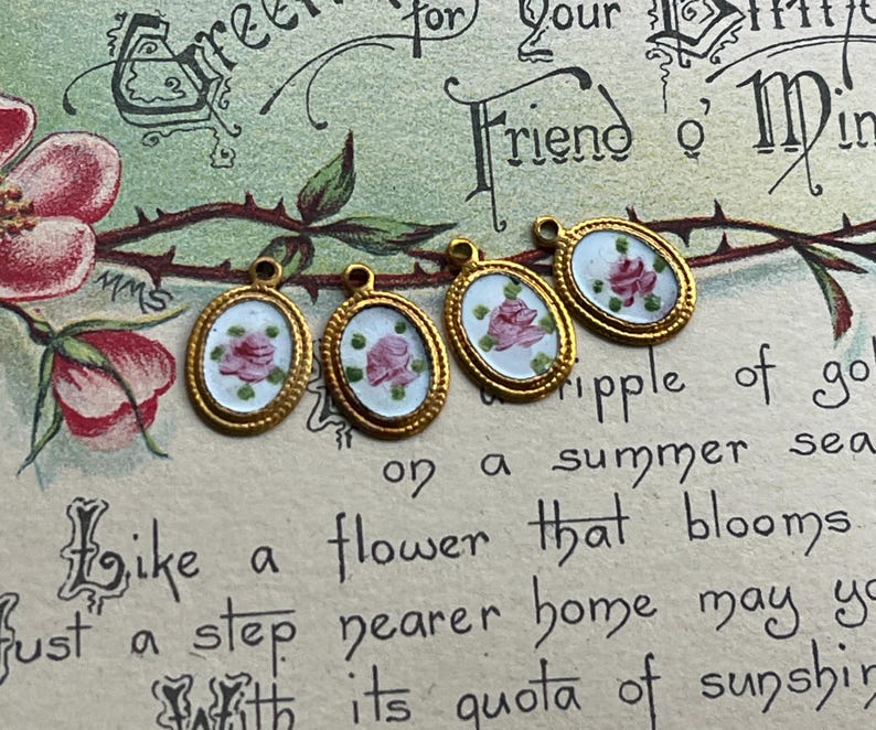 Vintage Enamel Charms, Rose charms, Enamel charms, Dolled up charms, Victorian charms, vintage adornments NOS, Cottagecore charms image 2