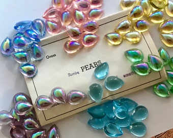vintage bombe pears, bombe cabochons, 18/13mm pear shape, unfoiled pears, jonquil, aquamarine, pink, pastels, peridot, Aurora borealis