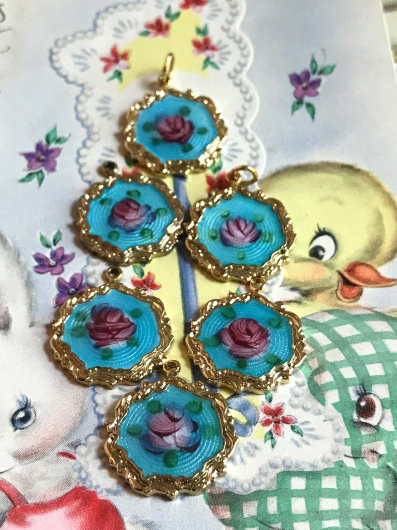 Shabby chic Charms G16J Sarah Coventry vintage Guilloche charms gilded,enamel Charms,Enameled Charms,Floral Charms,enameled connectors
