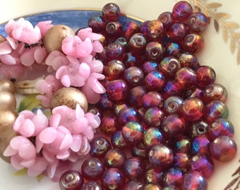 8mm Vintage Iris fuchsia Beads, Rose pink Beads, Fire Opal