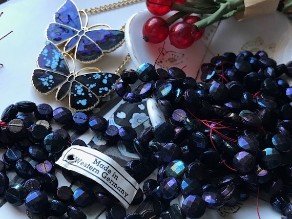 Vintage Black Iris nail head Glass Beads, Jet Glass AB beads, Castlecore, antique aurora borealis beads, Germany, B307A