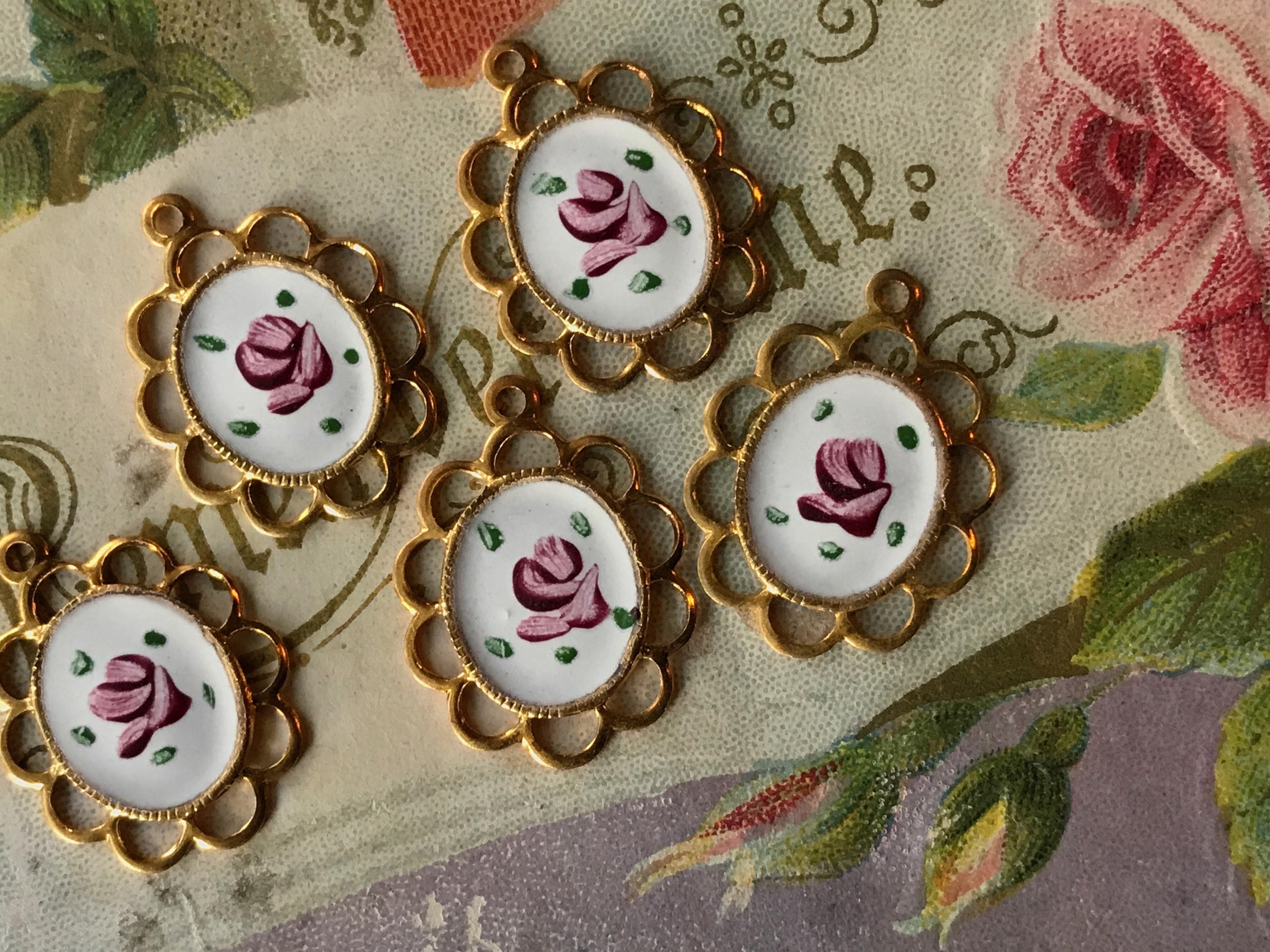 4 Ornate Vintage Guilloche Enamel Charms hand painted pink Etsy