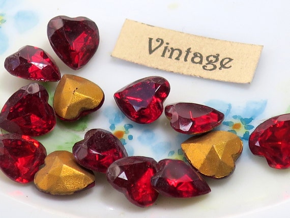 Ruby Heart Rhinestones Vintage Glass Rhinestone Heart Foil 9x8mm Antique