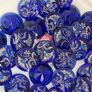 Luminous Blue Cabochon, Vintage Cobalt Glass Jewels, 22mm, Sterling inlay, Rhinestone Floral Glass, Pointed Back, Inlay Flower, Etched image 10