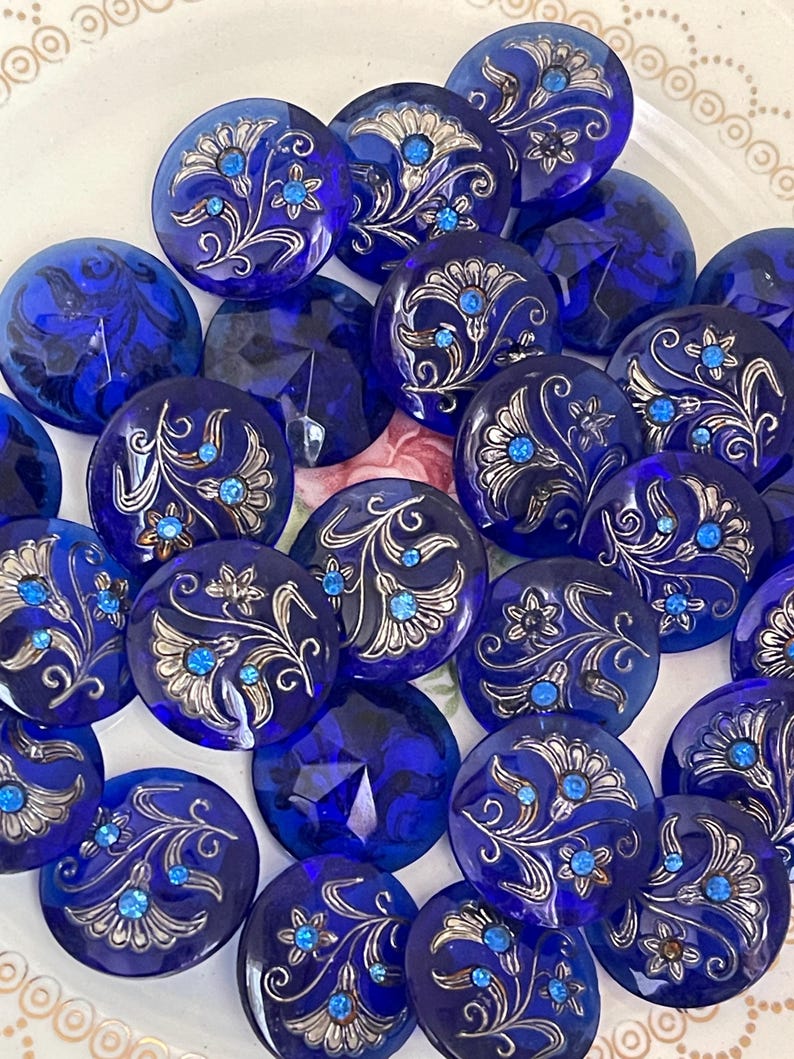 Luminous Blue Cabochon, Vintage Cobalt Glass Jewels, 22mm, Sterling inlay, Rhinestone Floral Glass, Pointed Back, Inlay Flower, Etched image 10