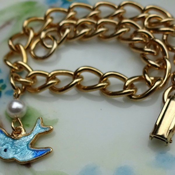 Guilloche Charm Bracelet Vintage Sarah Coventry Bracelet Blue Bird Enamel Little Girl Bluebird Vintagerosefindings,Vintage Rose,1042H