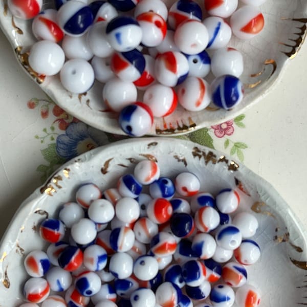 Vintage Glass Beads 8mm Red white Blue American Nautical NOS Blue Navy. #1285