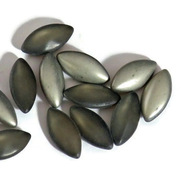 Vintage Glass Cabochons Smoke Gray 15x7mm Navettes NOS Silver Dark (27B)