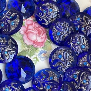 Luminous Blue Cabochon, Vintage Cobalt Glass Jewels, 22mm, Sterling inlay, Rhinestone Floral Glass, Pointed Back, Inlay Flower, Etched image 3