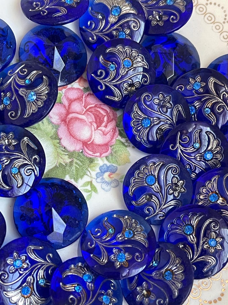 Luminous Blue Cabochon, Vintage Cobalt Glass Jewels, 22mm, Sterling inlay, Rhinestone Floral Glass, Pointed Back, Inlay Flower, Etched image 3