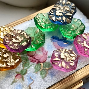 Octagon Rare Czech Cabochons, Etched glass Cabochons, Floral Cabochons, Pressed Glass Cabochons 1592