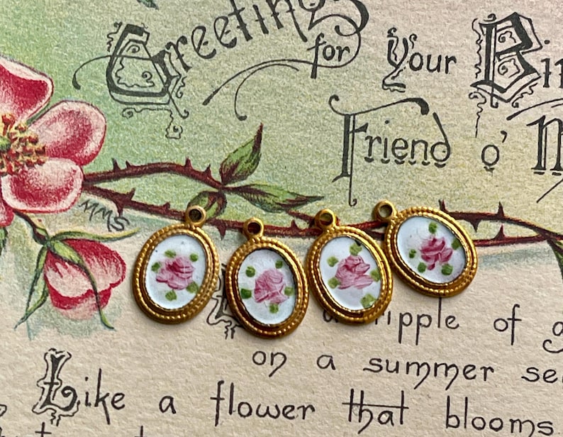 Vintage Enamel Charms, Rose charms, Enamel charms, Dolled up charms, Victorian charms, vintage adornments NOS, Cottagecore charms image 3