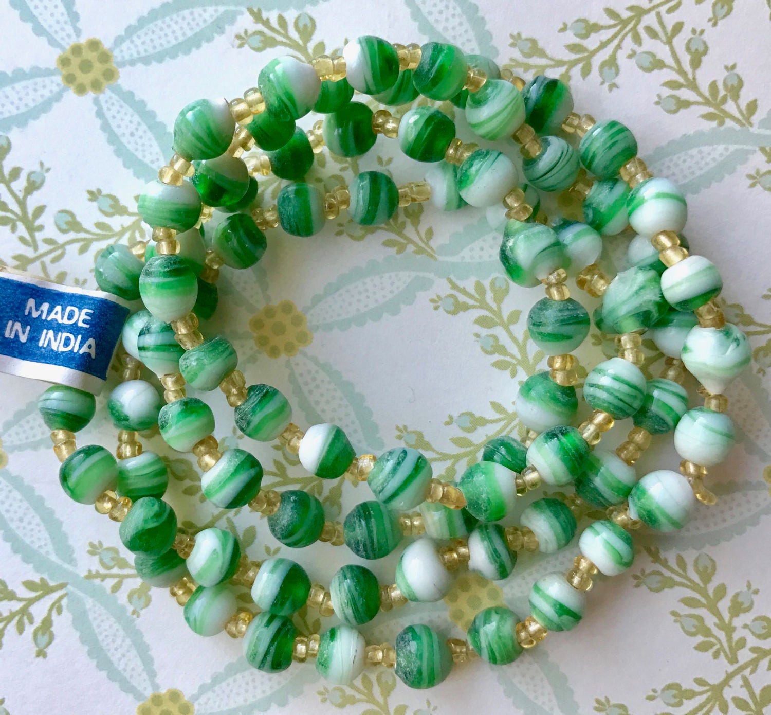 6mm Vintage Glass Beads, Beaded Necklace, Green Swirl  display picture 2