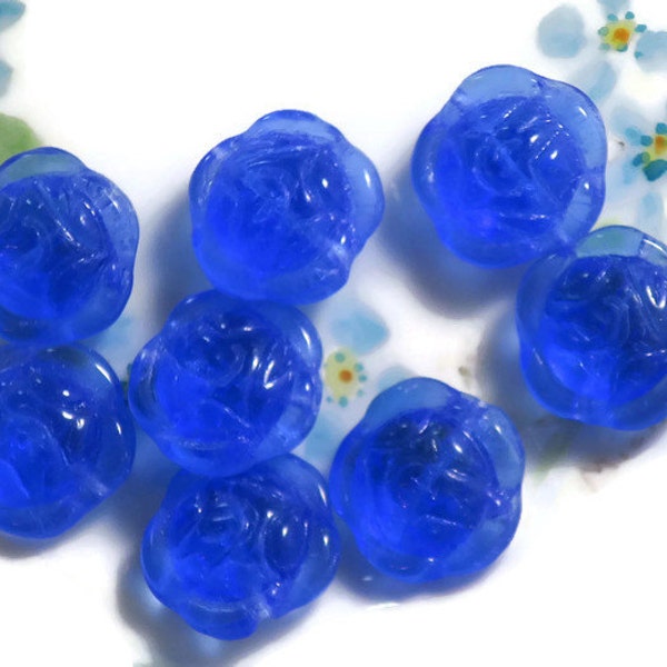 Vintage glass rose Beads,Pressed Glass beads,Czech beads,Sapphire beads,Blue flower Big Focal Floral Roses Large Shabby Chic Cottage #763