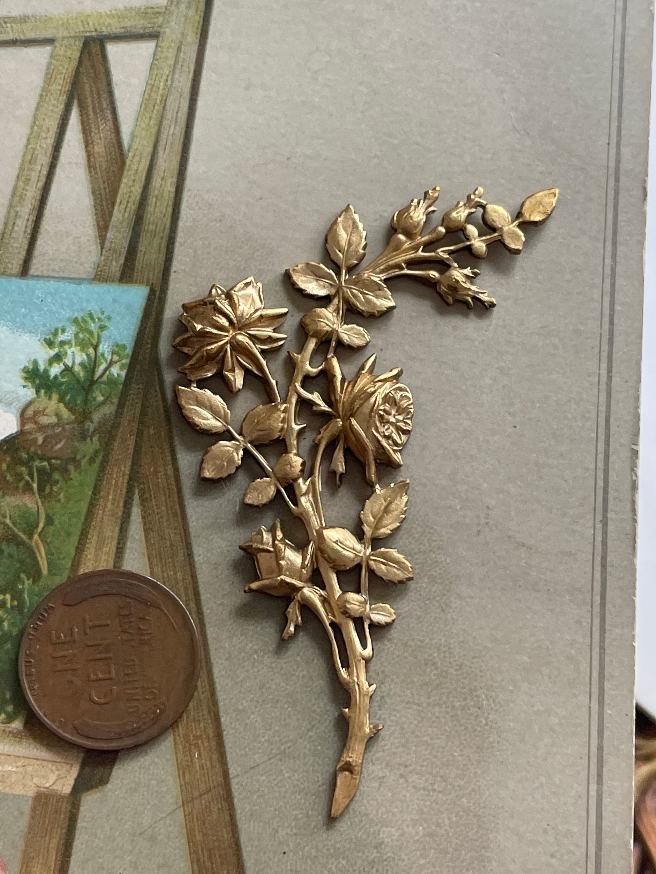 Miriam Haskell brass Stamping, 1pc, 3 x 1", Gold plated, VINTAGE, Roses