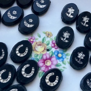 cabochons en marcassite vintage, 12 x 8, étoile de lune, fleurs, cabochons en fer à cheval, cabochons noirs, cabochons de fleurs, Castlecore, cabochons de fleurs noires