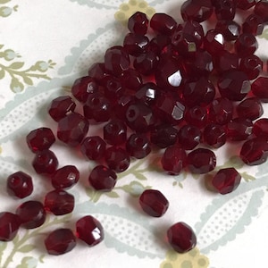 Garnet Beads, Vintage Czech Glass Beads, cherry Red Faceted beads, Round Spacer 4mm Tiny beads, spacer bead
