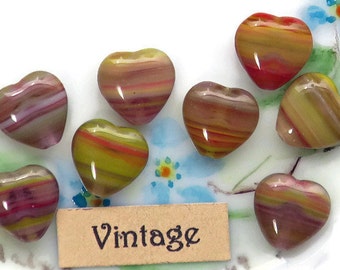 Vintage Heart beads, Red Hearts, Glass heart beads,Czech heart beads,Valentines Day, 10mm Purple Striped Green Colorful Puffy Pretty #834