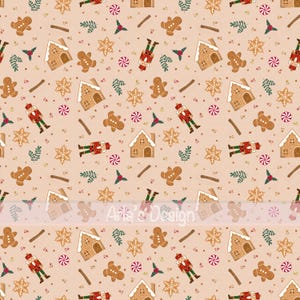 May include: A repeating pattern featuring gingerbread houses, gingerbread men, nutcrackers, snowflakes, candy canes, and sprigs of holly on a light tan background. The design includes the text "Aria's Design".