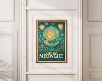 Cat Mermaid Print: Whimsical Underwater Sea Decor