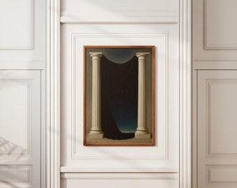 Surreal Night Sky Art Print: Classical Pillars, Dreamlike Cosmic Decor