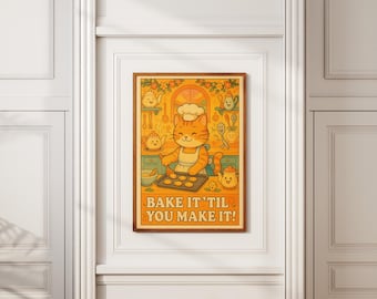 Baking Cat Art Print: Retro Kawaii Kitchen Decor
