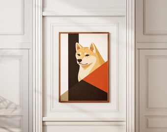 Akita Inu Wall Art Print, Minimalist Geometric Dog Poster, Scandinavian Modern Animal Art, Warm Neutral Home Decor
