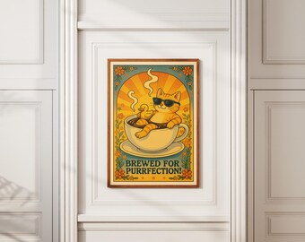 Funny Cat Coffee Print: Retro Kitchen Wall Art