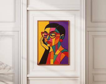 Cubist Woman Portrait Print: Modern Geometric Colorful Wall Art