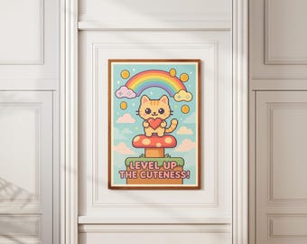Pixel Cat Gamer Poster: Kawaii Rainbow Video Game Art