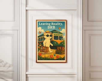 Cat Travel Poster – Dreamland Train, Vintage Suitcase Art Print