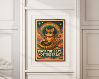 DJ Cat Retro Poster: Groovy Rainbow Music Kitty Print