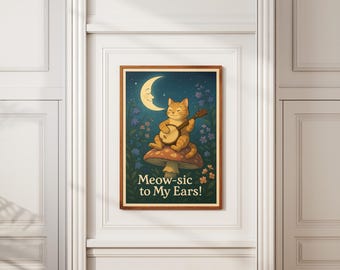 Cat Playing Banjo Art Print: Whimsical Cottagecore Mushroom Decor