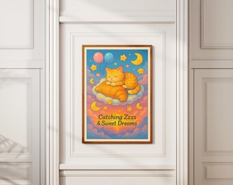 Cute Cat Sleeping Poster – Pastel Nursery Wall Art with Croissant and Clouds, Dreamy Kitten Print, Gift for Kids or Baby Room Decor