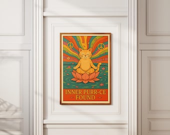 Zen Cat Meditation Poster: Hippie Yoga Wall Art
