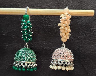 Long Silver Jhumka Hoop Earrings, Indian Jewelry, Painted Pearl Jhumkas, Statement Earrings, Bollywood Earrings, Hoops with Jhumka