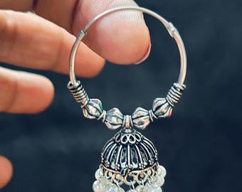 White Pearl Silver Hoop Jhumka Earrings, Indian Jewelry, Oxidized Hoops with Jhumkas, Indian Bridal Wedding Jhumka, Dainty Jhumka, CS1
