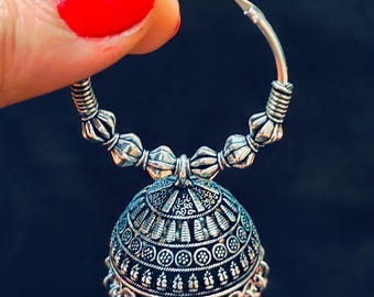 Big Silver Hoop Jhumka Earrings, Indian Jewelry, Oxidized Hoops with Jhumkas, Bollywood Earrings, Light Weight Jhumka, Dainty Jhumka, SS3