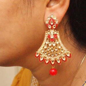 White Kundan Gold Jhumka, Indian Jewelry, Bridal Jhumka, Long Painted Jhumka, Bollywood Earrings, Statement Earrings, Punjabi Jadau Jhumka