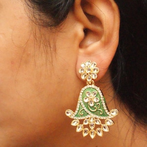 Kundan Gold Jhumka, Indian Jewelry, Bridal Jhumka, Painted White Kundan Jhumka, Bollywood Earrings, Statement Earrings, Punjabi Jadau Jhumka