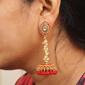 Kundan Meenakari Long Gold Jhumka, South Indian Jewelry, White Pearl Jhumka, Bollywood Earrings, Statement Earrings, Light Jhumka