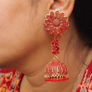 Floral Painted Gold Jhumka, Indian Jewelry, Ovwersized Bridal Jhumka, Punjabi Pearl Jhumka Earrings, Indian Wedding, Statement Earrings