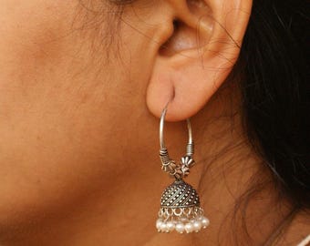 Small Silver Hoop Jhumka Earrings, White Pearl Hoops, Indian Jewelry, Oxidized Hoops with Jhumkas, Antique Vintage Jhumka, Dainty Jhumka
