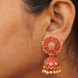 Big Kundan Gold Jhumka, South Indian Jewelry, Bridal Jhumka, Matte Finish Jhumka, Indian Wedding Earrings, Statement Earrings, Retro Earring