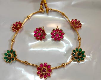 Kerala Kempu Stone Choker Set, Trending Antique South Indian Bridal Jewelry, Light Weight Gold Temple Necklace with Jhumka Earrings, S8