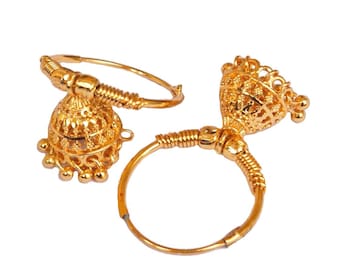 Small Gold Plated Hoop Jhumka Earrings,South Indian Jewelry,Hoops with Jhumkas,Bollywood Earrings,Light Weight Jhumka,Dainty Jhumka