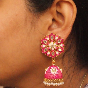 Big Painted Gold Jhumka, Indian Jewelry, Floral Jhumka, Big Painted Jhumka, Multicolor Jhumka, Party Wear Earrings, Bollywood Earrings