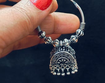 Big Silver Hoop Jhumka Earrings, Indian Jewelry, Oxidized Hoops with Jhumkas, Bollywood Earrings, Light Weight Jhumka, Dainty Jhumka, SS2