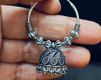 Big Silver Hoop Jhumka Earrings, Indian Jewelry, Oxidized Hoops with Jhumkas, Bollywood Earrings, Light Weight Jhumka, Dainty Jhumka, SS1